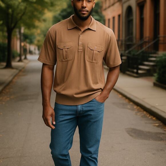 Alan Stuart Vintage Polo Shirt Mens XL Brown Retro Short Sleeve Pockets - Picture 1 of 8